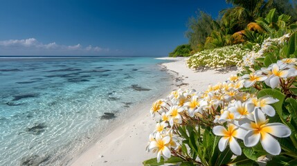 Vibrant white tropical blossoms border a pristine white sand beach meeting turquoise ocean water under a clear blue sky