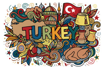 Obraz premium A colorful vector background filled with cute Turkey themed doodles, featuring landmarks, food icons, and playful shapes arranged in a lively and cheerful pattern.