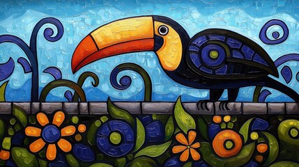 Obraz premium A stylized, colorful painting of a toucan with a large orange and yellow beak, dark blue patterned wings, and black body, perched on a grey stone wall. Below th