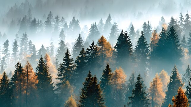 Coniferous forest landscape emerges through thick morning fog with patches of autumn color