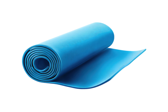 Rolled, bright-blue exercise mat on black