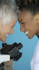 Two female researchers examine a microscope slide with smiles, surrounded by lab equipment, captured in bright, clear studio light on a sky-blue background.