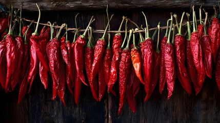 Numerous vibrant red peppers hang drying from a rustic wooden background