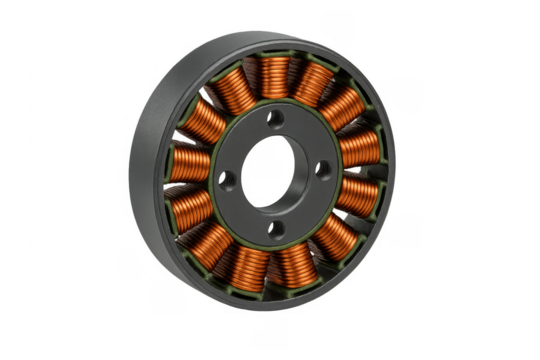 Electric motor stator with copper windings on transparent background