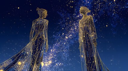 Two luminous figures constructed from golden light stand beneath a deeply dark, star-filled expanse