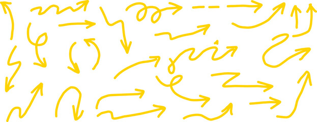 Set of hand-drawn yellow arrows on a white background. Sketchy doodle direction icons in varied curved and straight styles, ideal for infographics, notes, and graphic design.
