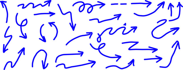 Set of hand-drawn blue arrows on a white background. Sketchy doodle direction icons in varied curved and straight styles, ideal for infographics, notes, and graphic design.
