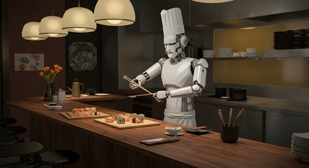 A humanoid robot chef meticulously prepares fresh sushi rolls with chopsticks at a modern restaurant counter.