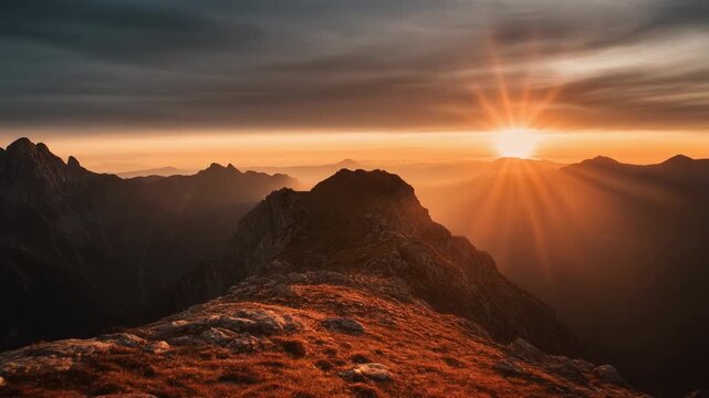 Stunning sunset view over rugged mountains in peaceful evening glow. Bright sunlight casts a warm glow over majestic mountains as the sun sets in the evening sky, creating a tranquil and beautiful lan