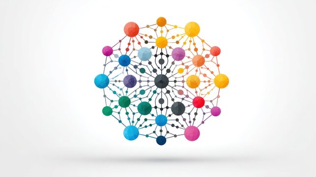 A colorful abstract design featuring a network of interconnected spheres in various colors, with a central cluster of smaller spheres and lines connecting them, - Powered by Adobe