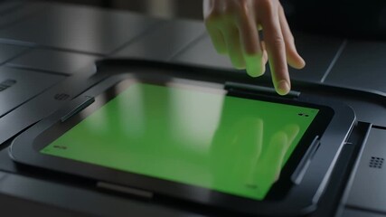 Person's finger touching a green screen tablet device on a futuristic table, showcasing interactive technology - Powered by Adobe