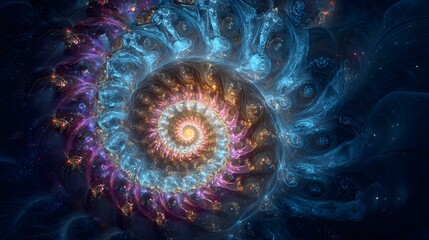 Intricate glowing spiral structure radiates vibrant colors against a deep cosmic backdrop