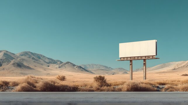 Blank advertising structure stands prominently against a vast arid landscape under a clear sky
