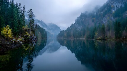 Serene mountain lake displays perfect mirrored reflection beneath misty peaks