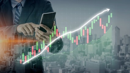 A focused business professional reviews market trends on a tablet, with dynamic financial graphs overlaying an expansive city skyline, symbolizing growth and analytics. Copula
