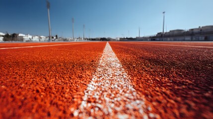 Close up perspective on a bright orange athletic running track surface leading toward the horizon under a clear blue sky