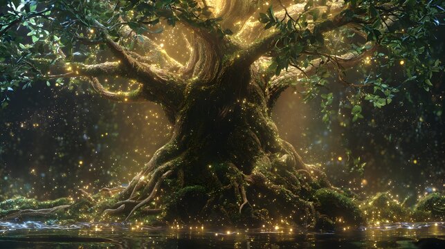 Ancient, enormous tree glows with ambient golden light in a dark, misty woodland - Powered by Adobe
