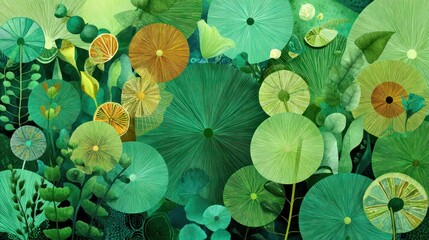 A vibrant, abstract digital illustration of a lush, green and yellow floral arrangement with circular shapes and leaves, set against a dark background with a subtle gradient.