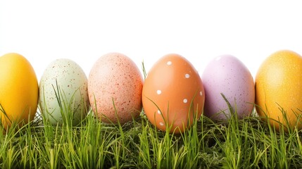Fototapeta premium A row of colorful Easter eggs with speckles and polka dots, placed on a bed of green grass against a white background.