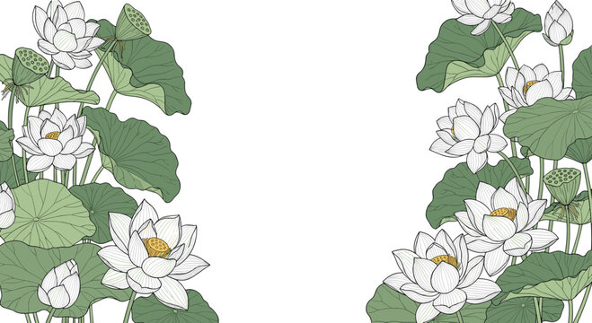 Beautiful floral frame background with white lotus flowers, pods, and green leaves in a vintage hand-drawn style. - Powered by Adobe