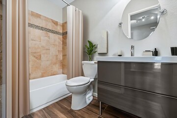 A welldesigned bathroom that includes a toilet, sink, and shower area