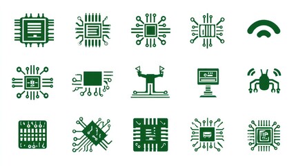 A set of green and white circuit board icons with various symbols and components