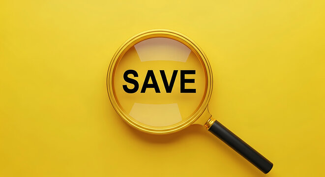 Magnifying glass over the word S A V E on a bright yellow background lens search