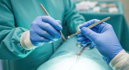 Medical procedure in progress with surgical tools and gloves.