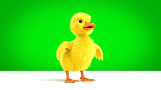 3D Rendered Yellow Duckling Standing on White Platform in Front of Green Screen Background Detailed Animation Cheerful and