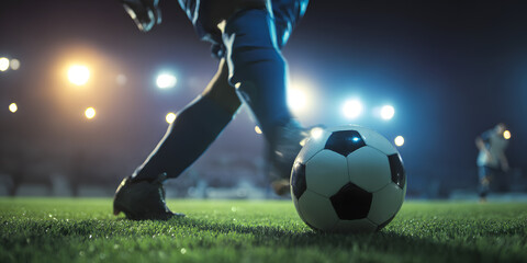 Dynamic soccer player preparing to kick a soccer ball on a brightly lit stadium field during a night match, capturing athleticism and excitement