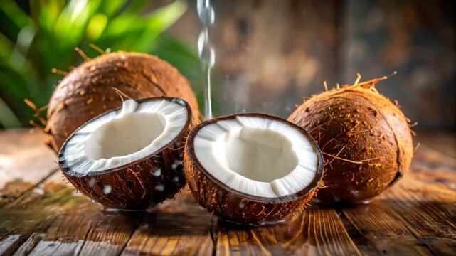 Fresh coconut fruits with water splashes, tropical vibes on a wooden surface, refreshing drink