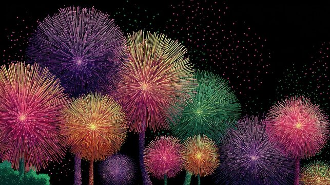 Exploding colorful fireworks display against a night sky background