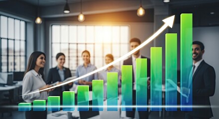 A diverse group of business professionals standing in a modern office setting, discussing a financial graph with a green and blue gradient line indicating growth.