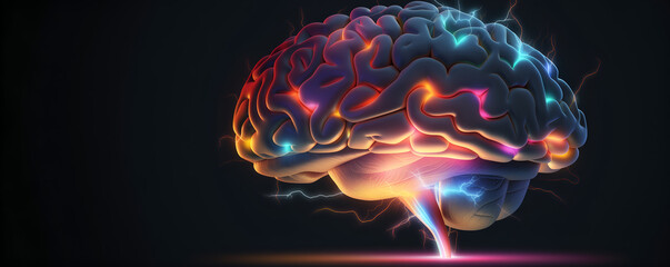 Highly active human brain with electrical currents and glowing, colorful neural pathways illuminating the cerebrum and brainstem. complex thought, high intelligence, intense mental activity