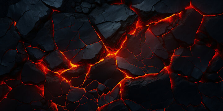 Dark volcanic rock surface texture with deep cracks emitting a brilliant molten red and orange glow from beneath. Image visualizes geological power, abstract energy, intense heat
