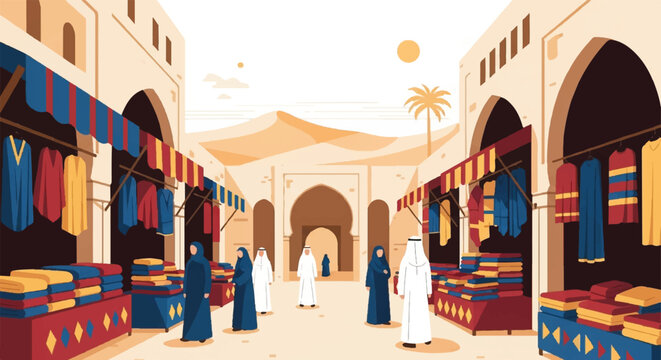 Vibrant illustration of a traditional souk marketplace in a desert city