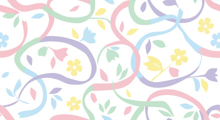 Pastel Floral Swirl Delicate Seamless Pattern with Soft Ribbon Accents