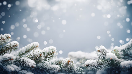 Snow-covered pine tree branches forming a foreground border, with magical falling snowflakes and soft, blurred bokeh lights against a pale blue winter sky. Christmas, holiday, and festive frame