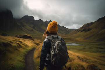 woman wearing a yellow knit hat and backpack hiking on a winding path through a vast, dramatic Icelandic landscape.Use for travel blogs, adventure concepts