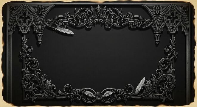 Ornate gothic frame with dark, intricate scrollwork and feather accents on a textured background.