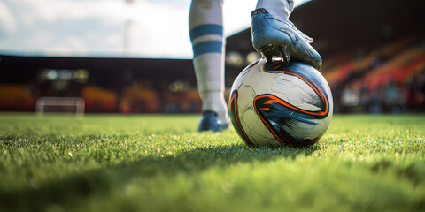 Soccer player poised to strike a football on a lush green field with an enthusiastic crowd in the background ready for action. Sports concept