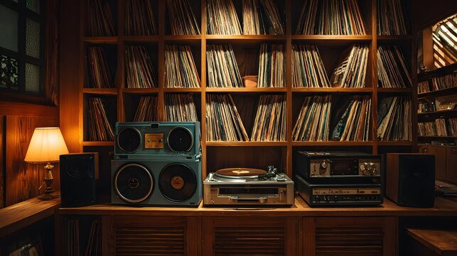Wooden shelving unit densely packed with analog music media sits behind an array of vintage audio equipment