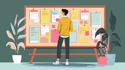Information Board Reflection: A person stands before a large information board, lost in thought. Surrounded by potted plants. and reflecting on the details displayed.