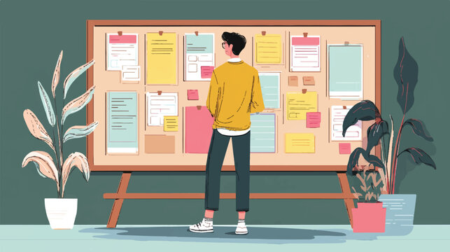 Information Board Reflection: A person stands before a large information board, lost in thought. Surrounded by potted plants. and reflecting on the details displayed.