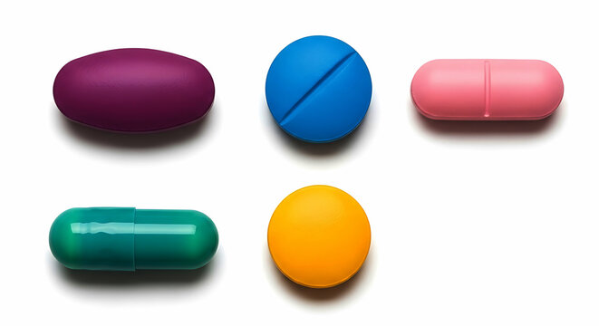 Five colorful pills and capsules arranged on a white background medicine health