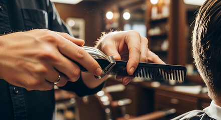 Professional barber giving a haircut with an electric clipper and comb in a classic barbershop setting