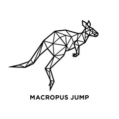 Geometric kangaroo illustration leaping forward with the words Macropus Jump below. © Yann