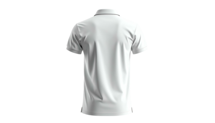 Back view of a plain white polo shirt, showing details of collar, sleeves, and texture