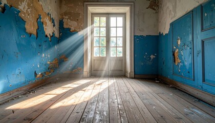 Sunlight streams through a door in a dilapidated room, creating an atmospheric interior.