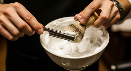 Hands preparing traditional wet shave lather with classic shaving brush and straight razor